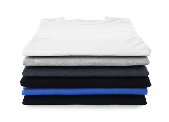 Stack of clean colorful t-shirts isolated on white