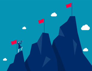 Ambition to success and achieve target, career growth or business goals, challenge to win, achievement or victory concept, motivated businessman reach mountain peak aiming to achieve higher targets.