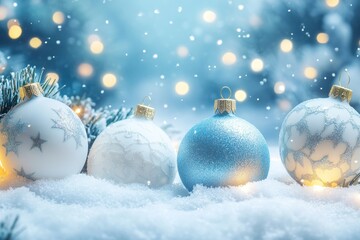 Blue and White Christmas Ornaments Resting in Snow