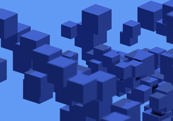 Obraz premium Flying blue cubes Abstract 3d rendering cubes of geometric shapes Modern background, composition corporate design for poster, cover, branding, banner, placard.