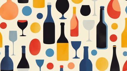 Pattern featuring silhouettes of bottles and glasses in a seamless design. Simple abstract print. Vector graphics. 