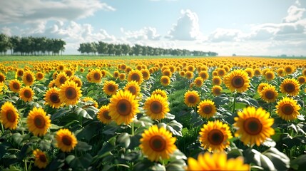 Obraz premium Expansive Field of Bright Sunflowers Under a Sunny Sky with Contrasting Green Foliage
