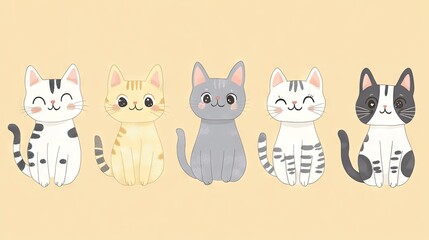 Obraz premium A collection of adorable cats with pastel-colored fur, set against a soft yellow background, isolated and sweet.
