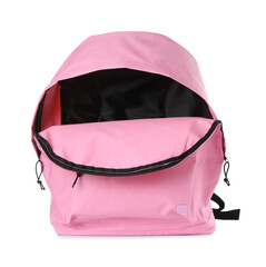 One stylish pink backpack isolated on white