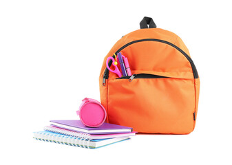 Backpack with different school stationery isolated on white