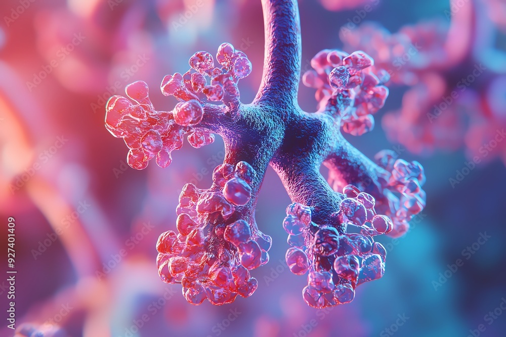 Poster close-up of a colorful viral structure showcasing details in vibrant colors and intricate shapes, pe