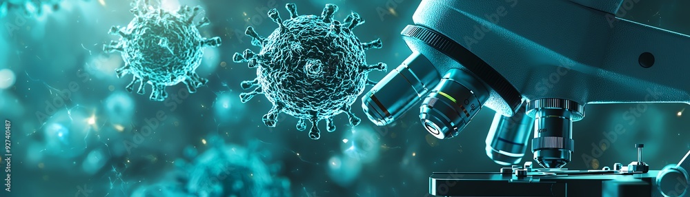 Poster close-up view of a microscope and virus particles, illustrating advanced research in virology and mi