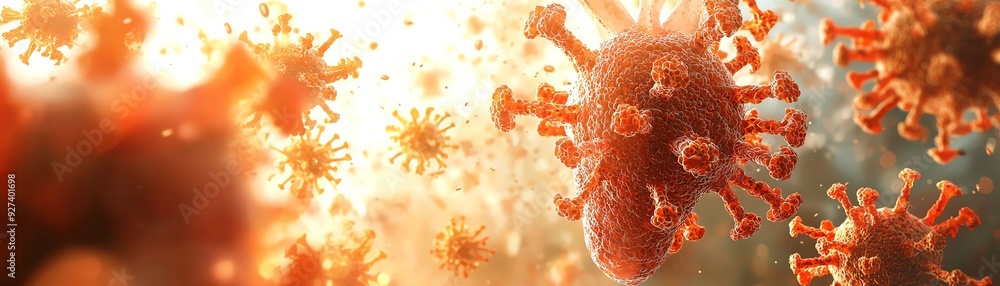 Poster microscopic view of a virus with vibrant colors, illustrating its complex structure and surrounding 