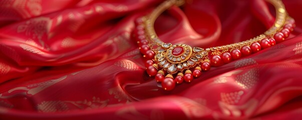 Obraz premium Exquisite Indian Jewelry Set Aglow against Vibrant Red Fabric