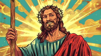 Obraz premium Cartoon Vector Smiling Jesus in cartoon style holding a cross with a radiant background