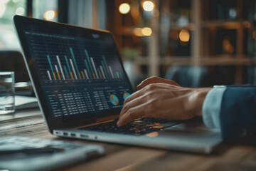 business man hand working on laptop computer financial with graphic graph chart diagram