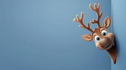 A cute cartoon reindeer peeking from the side on a blue background, with space for text.