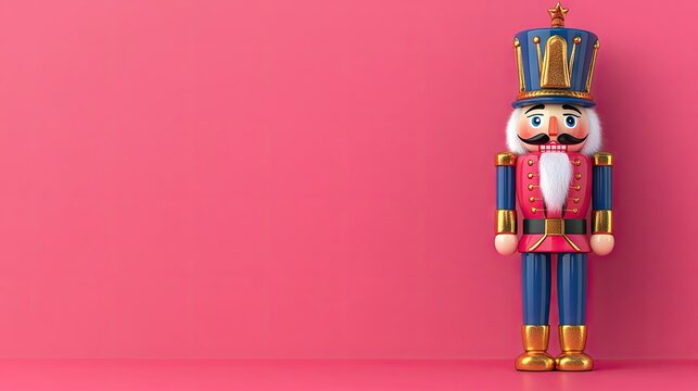 A cute cartoon nutcracker soldier on a pink background, with space for Christmas greetings.