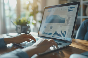 business man hand working on laptop computer financial with graphic graph chart diagram