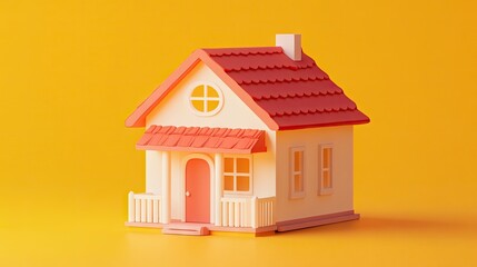 A cute dollhouse with a red roof on an orange background, perfect for a toy collection.