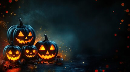 Naklejka premium A dark and eerie Halloween background with glowing pumpkins, creating a spooky celebration.