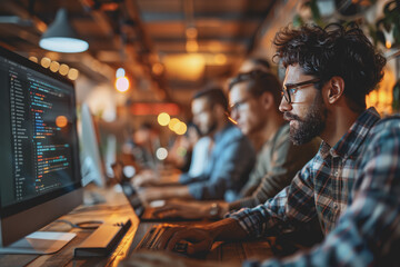 Obraz premium Brainstorming IT Programmers Use Computer Together, Software Engineers Develop App Program
