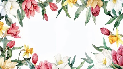 Obraz premium Beautiful spring floral frame with colorful flowers and green leaves, perfect for invitations, greeting cards, and seasonal designs.