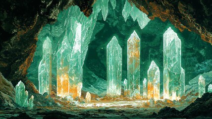 Majestic crystal formations inside a dark cave, showcasing natural beauty and intricate details of minerals in vibrant colors.