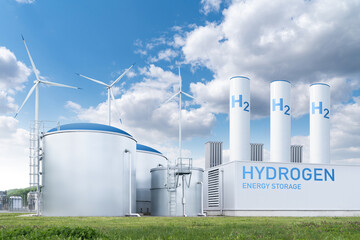 Hydrogen factory with energy storage concept. Green hydrogen production from renewable energy...