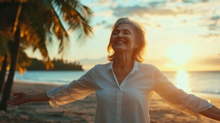 Elderly lady in white shirt exuding joy on beach with palm trees and sun rays in backdrop