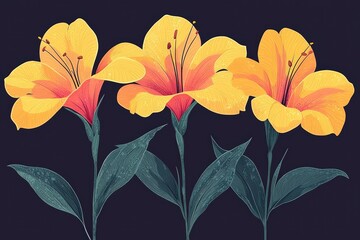 Three Yellow Flowers with Dark Background