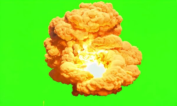 Nuclear atomic bomb explosion VFX with smoke, fire and mushroom cloud, isolated on green screen chroma key background