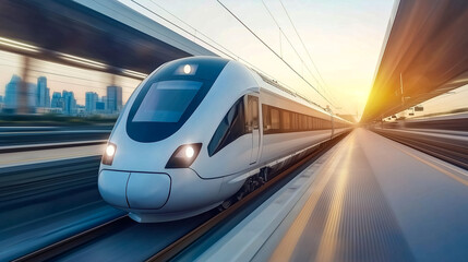 Sunrise light hitting a speeding train in a modern station