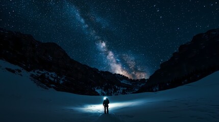 Silhouette of a hiker with headlamp under the Milky Way in snowy mountains.
