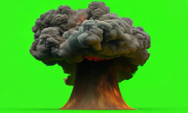 Nuclear atomic bomb explosion VFX with smoke, fire and mushroom cloud, isolated on green screen chroma key background
