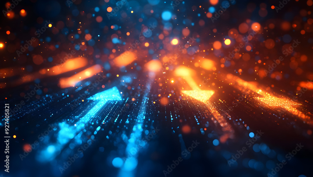 Poster abstract digital background featuring glowing arrows in blue and orange with sparkles representing m