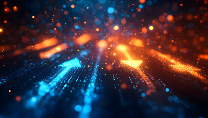 Obraz premium Abstract digital background featuring glowing arrows in blue and orange with sparkles representing movement and direction.