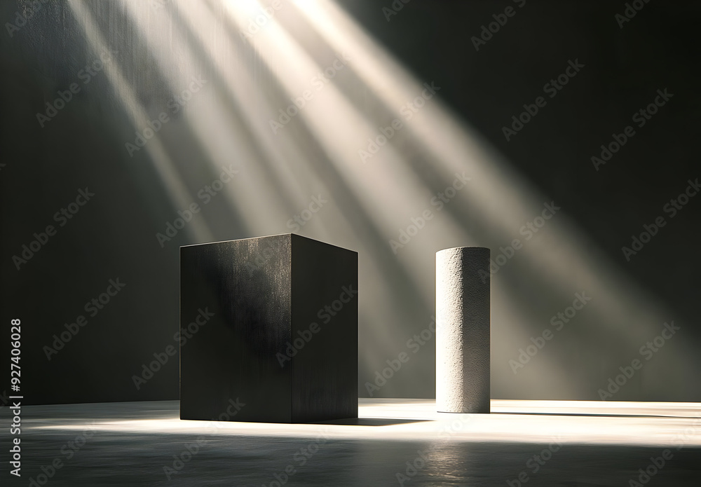 Poster abstract still life featuring geometric shapes illuminated by dramatic light rays in a minimalist se