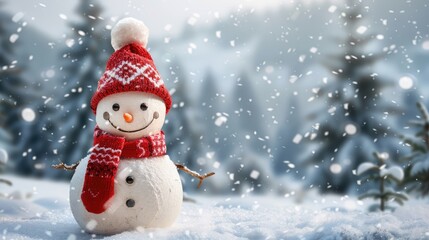 Against a snow-covered winter panoramic background with snow-covered spruce trees, a cute snowman wearing a red wool knit hat and scarf is grinning for Christmas. There is also text space and a Christ