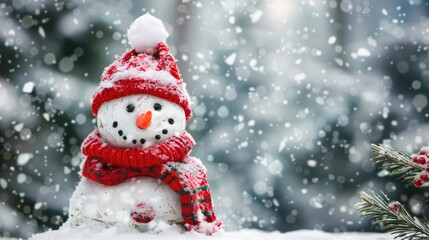Against a snow-covered winter panoramic background with snow-covered spruce trees, a cute snowman wearing a red wool knit hat and scarf is grinning for Christmas. There is also text space and a Christ