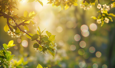 Obraz premium spring, leaf, tree, bokeh, leaf, green leaf, nature, season, fresh, grass, morning, forest, sunlight