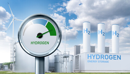 Hydrogen factory with energy storage concept. Green hydrogen production from renewable energy...