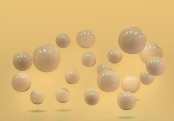Geometric 3d rendering yellow  spheres realistic backdrop Suspended balls, abstract elegant background balls or particles 3D image rendering
