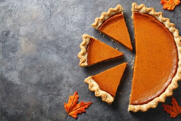A Whole Pumpkin Pie Cut into Slices with Autumn Leaves