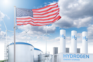 American flag on a background of green hydrogen factory. Concept