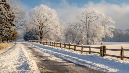 Winter landscape with snowy trees along a rural fence-lined road on a sunny day