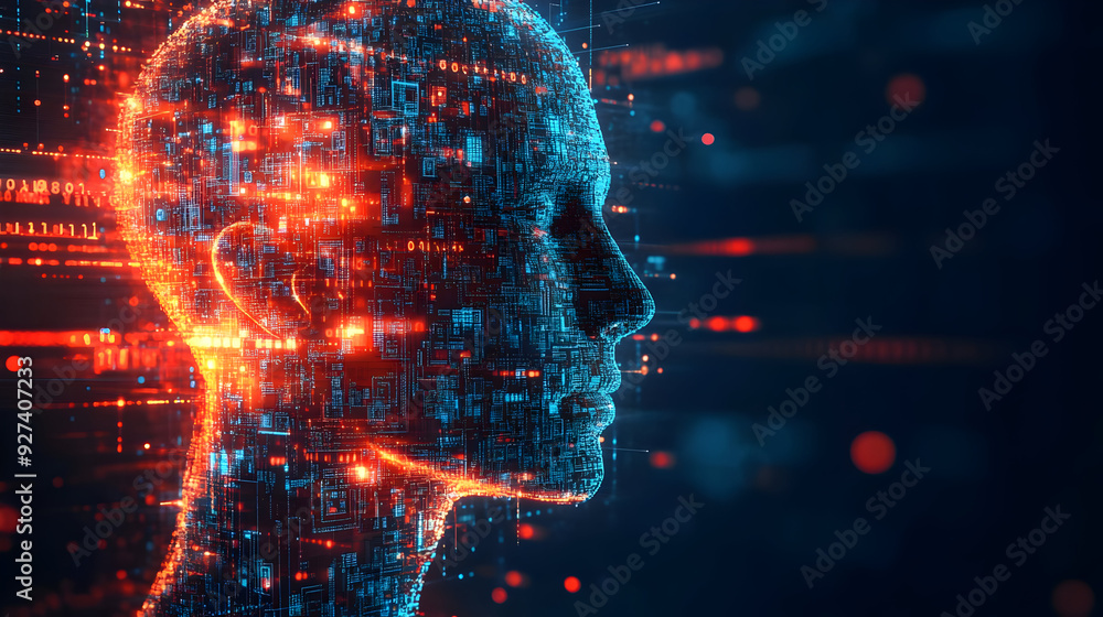 Poster a digital abstraction of a human head, showcasing glowing particles representing data and technology