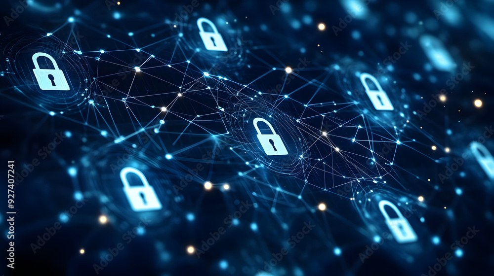 Poster a digital network featuring padlocks, symbolizing cybersecurity and data protection in a tech-driven