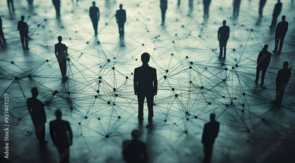 Poster a digital network of diverse figures interconnected by lines, symbolizing relationships and communic