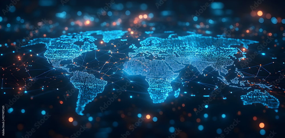 Poster a digital world map illuminated with vibrant blue lines, representing global connectivity and techno