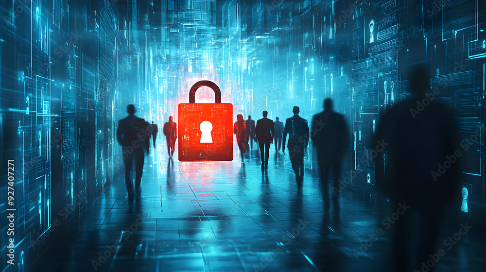 Poster a digital scene featuring a large red lock surrounded by shadowy figures, symbolizing security and p
