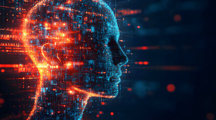 A digital abstraction of a human head, showcasing glowing particles representing data and technology in a futuristic concept.