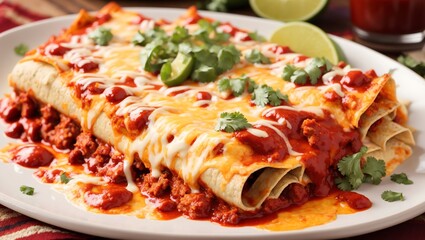 Enchiladas, covered in red sauce, cheese, and a sprinkle of cilantro, 