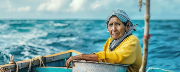Obraz premium Mexican woman working on a fishing boat in the sea, serious expression.