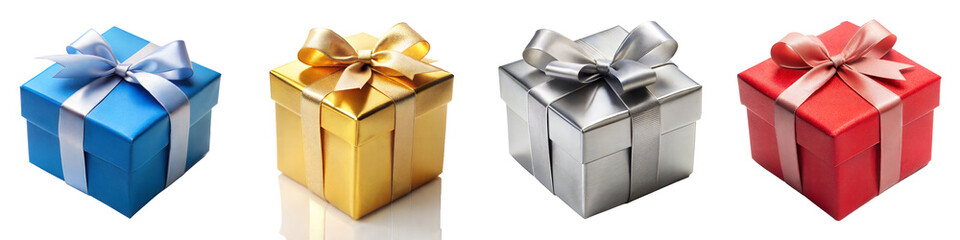 Obraz premium Colorful gift boxes with elegant ribbons on transparent background, perfect for celebrations, holidays, birthdays, and festive occasions. Blue, gold, silver, and red presents symbolize joy and giving.
